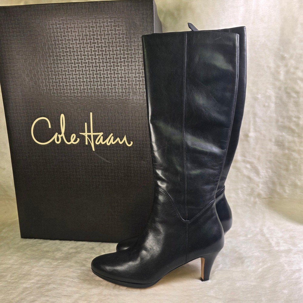 Cole Haan NikeAir Tall Knee High Leather Dress Boots Black Heel Womens 5.5 NEW